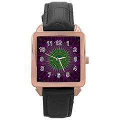 Purple Mandala Fractal Glass Rose Gold Leather Watch  by Pakrebo