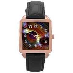 Fractal Colorful Rainbow Flowing Rose Gold Leather Watch  by Pakrebo