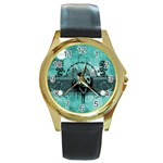 Awesome Skull With Wings Round Gold Metal Watch Front