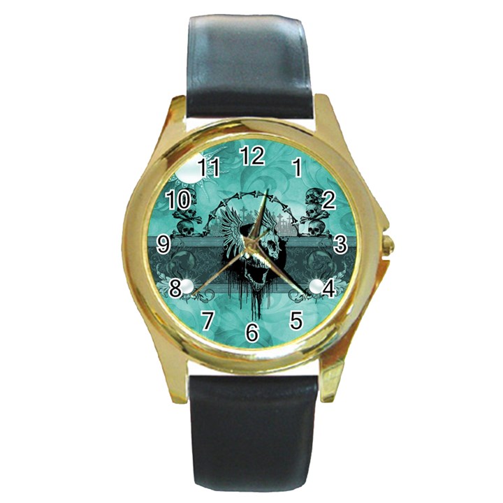 Awesome Skull With Wings Round Gold Metal Watch