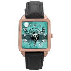 Awesome Skull With Wings Rose Gold Leather Watch  by FantasyWorld7