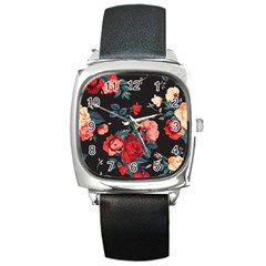 Vintage Roses Vector Seamless Pattern 02 Square Metal Watch by Sobalvarro