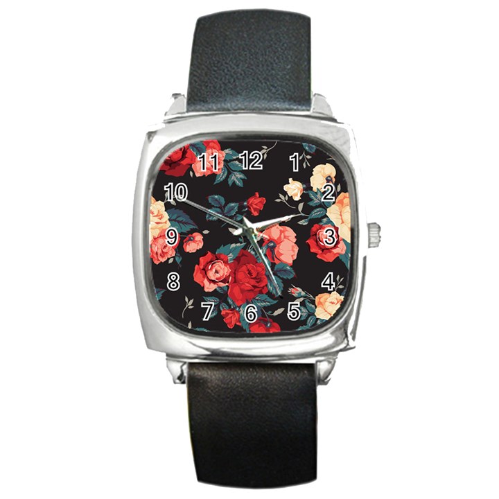 Vintage Roses Vector Seamless Pattern 02 Square Metal Watch