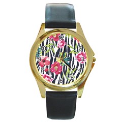 Seamless Flower Patterns Vector 01 Round Gold Metal Watch by Sobalvarro