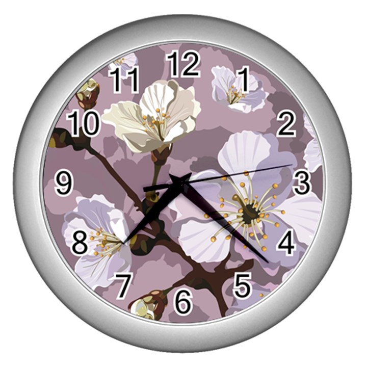 Peach Blossom Seamless Pattern Vector Wall Clock (Silver)