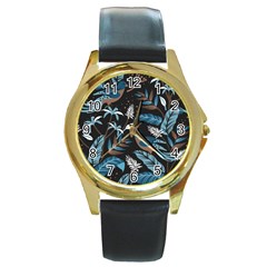 Birds In The Nature Round Gold Metal Watch by Sobalvarro