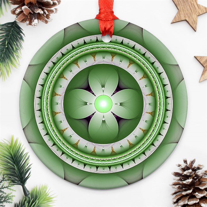 Fractal Mandala Green Purple Round Ornament (Two Sides)