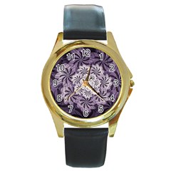 Fractal Floral Striped Lavender Round Gold Metal Watch by Pakrebo