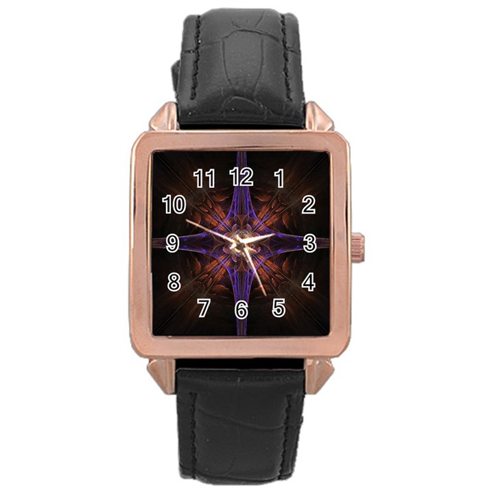 Fractal Cross Blue Geometric Rose Gold Leather Watch 