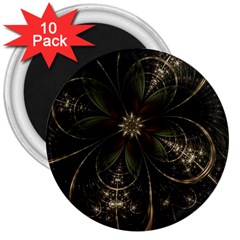 Fractal Gold Green Flower Bloom 3  Magnets (10 Pack) 