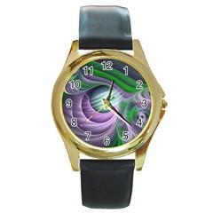 Purple Green Fractal Texture Round Gold Metal Watch by Pakrebo