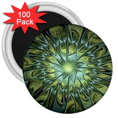 Fractal Green Gold Glowing 3  Magnets (100 Pack) by Pakrebo