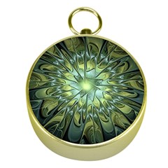 Fractal Green Gold Glowing Gold Compasses by Pakrebo