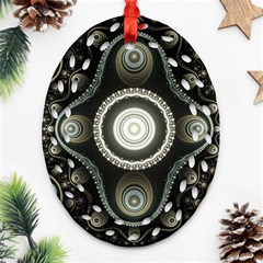 Fractal Beige Blue Abstract Oval Filigree Ornament (two Sides) by Pakrebo