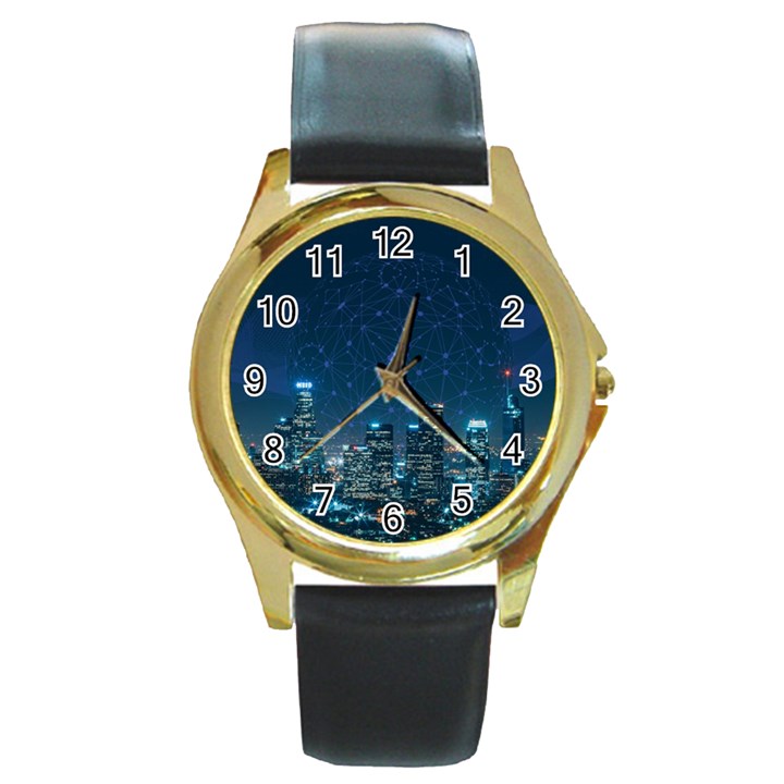 Smart City Communication Network Round Gold Metal Watch