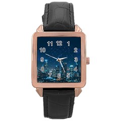 Smart City Communication Network Rose Gold Leather Watch  by Pakrebo