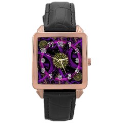 Fractal Neon Rings Geometric Rose Gold Leather Watch  by Pakrebo