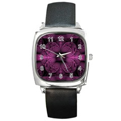 Fractal Magenta Pattern Geometry Square Metal Watch by Pakrebo