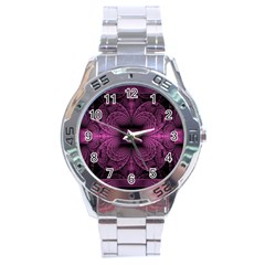 Fractal Magenta Pattern Geometry Stainless Steel Analogue Watch by Pakrebo