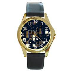 Blocks Pattern Rainbow Texture Round Gold Metal Watch