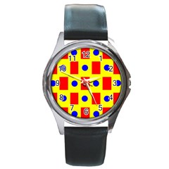 Pattern Design Backdrop Red Blue Yellow Round Metal Watch by Pakrebo