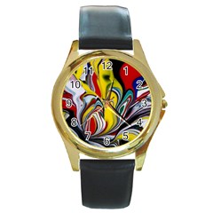 Abstract Colorful Illusion Round Gold Metal Watch by Pakrebo