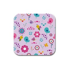 Birds Floral Flowers Retro Spring Rubber Square Coaster (4 Pack)  by Pakrebo