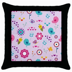 Birds Floral Flowers Retro Spring Throw Pillow Case (black) by Pakrebo