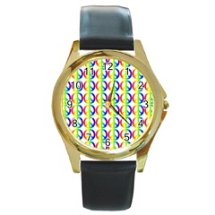 Retro Rainbow Gradient Peace Symbol Round Gold Metal Watch by Pakrebo