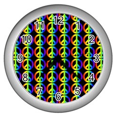 Retro Rainbow Gradient Peace Symbol Wall Clock (silver) by Pakrebo