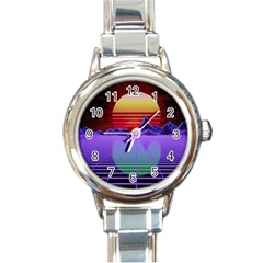 Synthwave Retrowave Synth Round Italian Charm Watch by Pakrebo