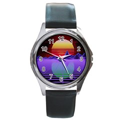 Synthwave Retrowave Synth Round Metal Watch by Pakrebo