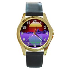 Synthwave Retrowave Synth Round Gold Metal Watch by Pakrebo