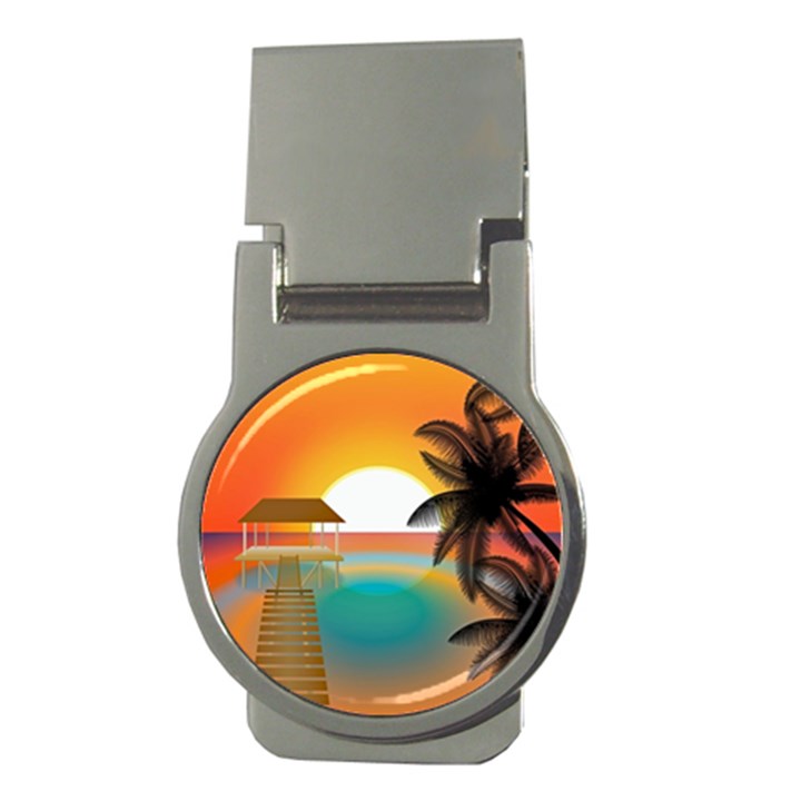 Sunset Beach Beach Palm Ocean Money Clips (Round) 