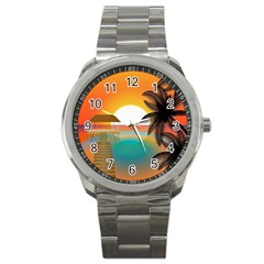 Sunset Beach Beach Palm Ocean Sport Metal Watch by Pakrebo