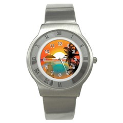 Sunset Beach Beach Palm Ocean Stainless Steel Watch by Pakrebo