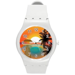 Sunset Beach Beach Palm Ocean Round Plastic Sport Watch (m) by Pakrebo