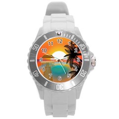 Sunset Beach Beach Palm Ocean Round Plastic Sport Watch (l) by Pakrebo