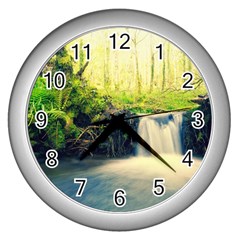 Waterfall River Nature Forest Wall Clock (silver) by Pakrebo