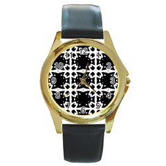 Seamless Pattern Design Ornament Round Gold Metal Watch by Pakrebo