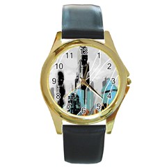 The City Of The Future Collage Round Gold Metal Watch by Pakrebo