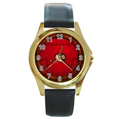 Beautiful Elegant Hearts With Roses Round Gold Metal Watch