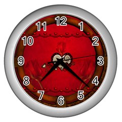 Beautiful Elegant Hearts With Roses Wall Clock (Silver)