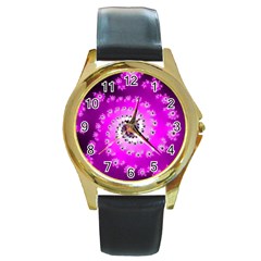 Fractal Pink Spiral Helix Round Gold Metal Watch by Pakrebo