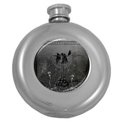 Awesome Crow Skeleton With Skulls Round Hip Flask (5 Oz) by FantasyWorld7