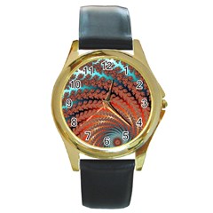 Fractal Spiral Abstract Design Round Gold Metal Watch by Pakrebo