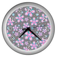 Seamless Pattern Flowers Pink Wall Clock (silver) by Pakrebo