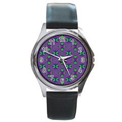 Seamless Wallpaper Pattern Ornament Green Purple Round Metal Watch by Pakrebo