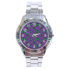 Seamless Wallpaper Pattern Ornament Green Purple Stainless Steel Analogue Watch by Pakrebo