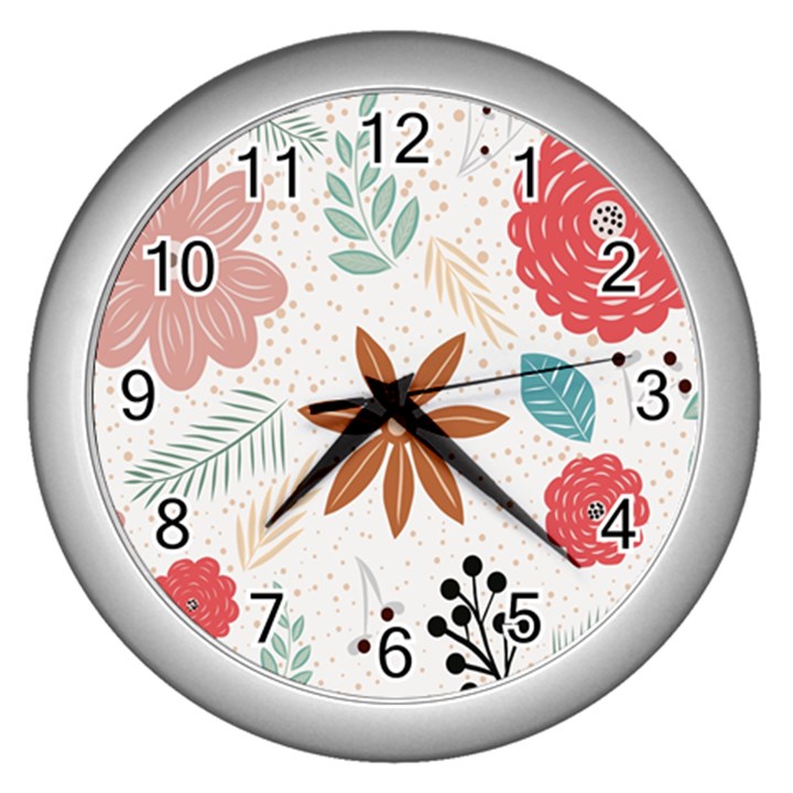 Nature Shape Leaves Flowers Art Wall Clock (Silver)